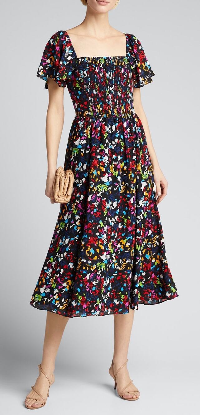 Tanya Taylor Midi Dress Glenda Black Silk Confetti Print Smocked Bust